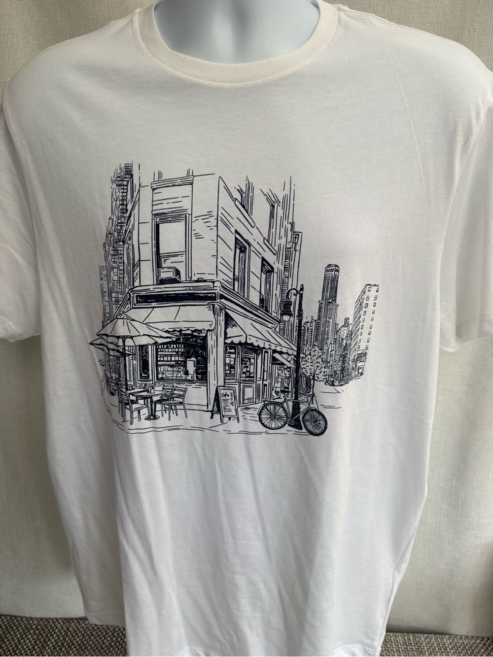 J. Crew White Short-Sleeve Tee with Navy City Café Illustration